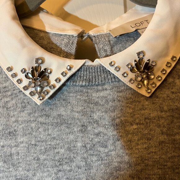 NEW Women's Loft Gray Sweater with White Rhinestone Faux Collar - Medium - Picture 2 of 3